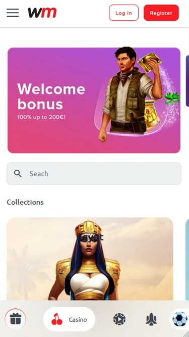 Accueil mobile de Winmasters Casino sur un écran de 375 px (capture de l'interface en anglais)